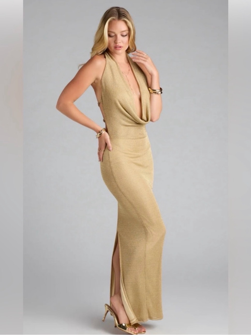 Windsor Gold Cowl Neck Maxi Dress - Elegant Evening Gown Size Small